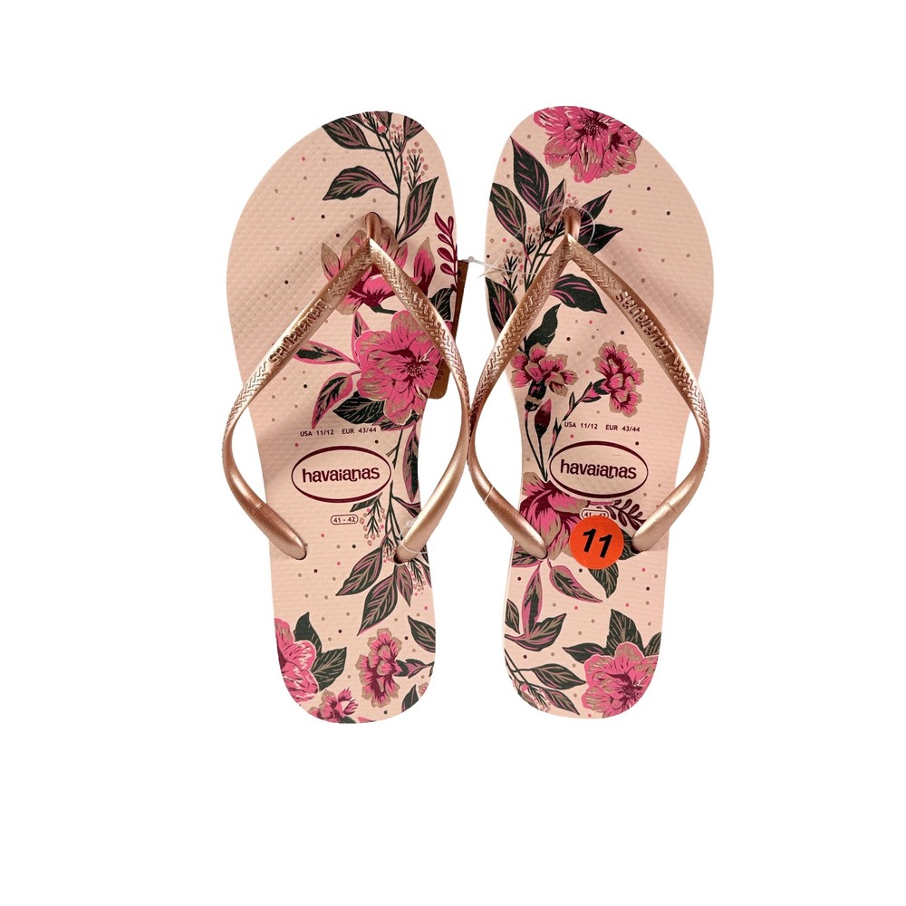 Havaianas Slim Ballet Rose Golden Blush‎ Floral Flip Flops Women Size 11/12 NEW